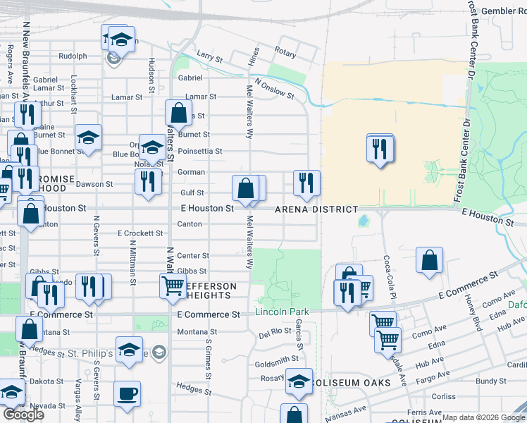 map of restaurants, bars, coffee shops, grocery stores, and more near 2823 East Houston Street in San Antonio