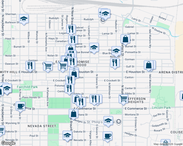 map of restaurants, bars, coffee shops, grocery stores, and more near 2353 East Houston Street in San Antonio