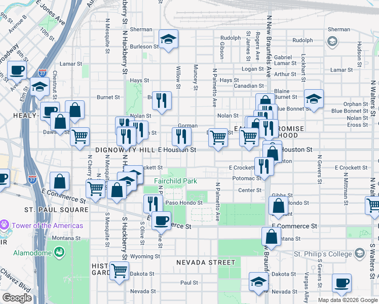 map of restaurants, bars, coffee shops, grocery stores, and more near 1901 East Houston Street in San Antonio