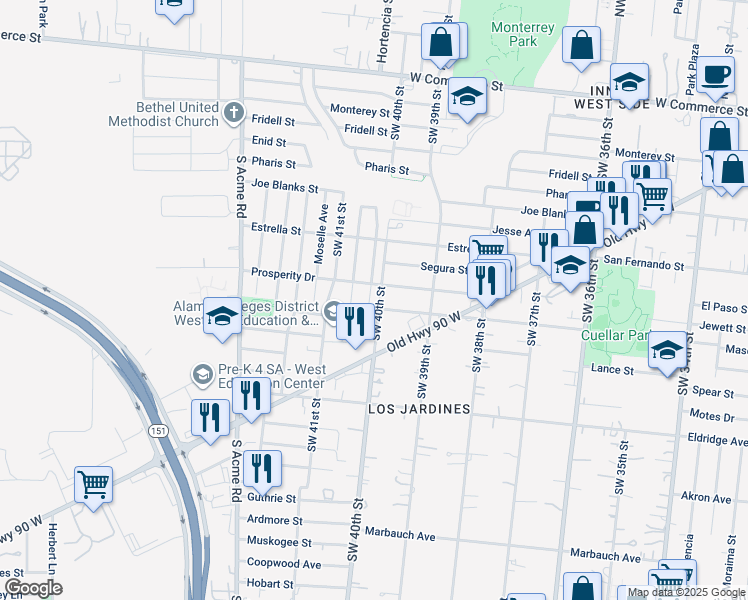 map of restaurants, bars, coffee shops, grocery stores, and more near 251 Prosperity Drive in San Antonio