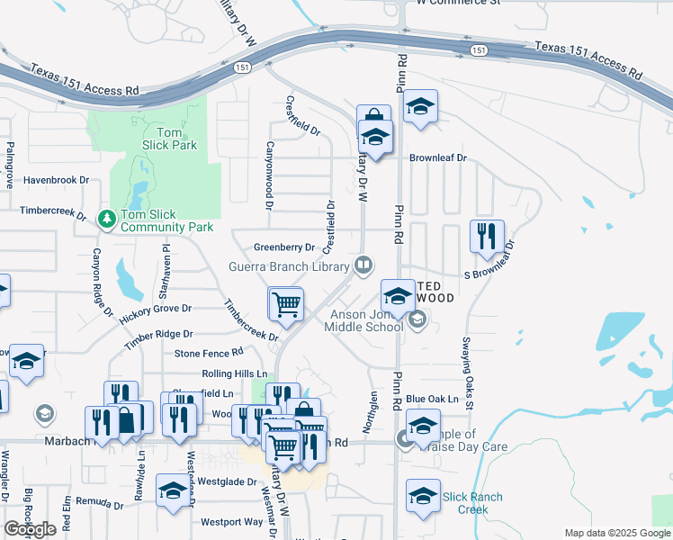 map of restaurants, bars, coffee shops, grocery stores, and more near 7979 West Military Drive in San Antonio