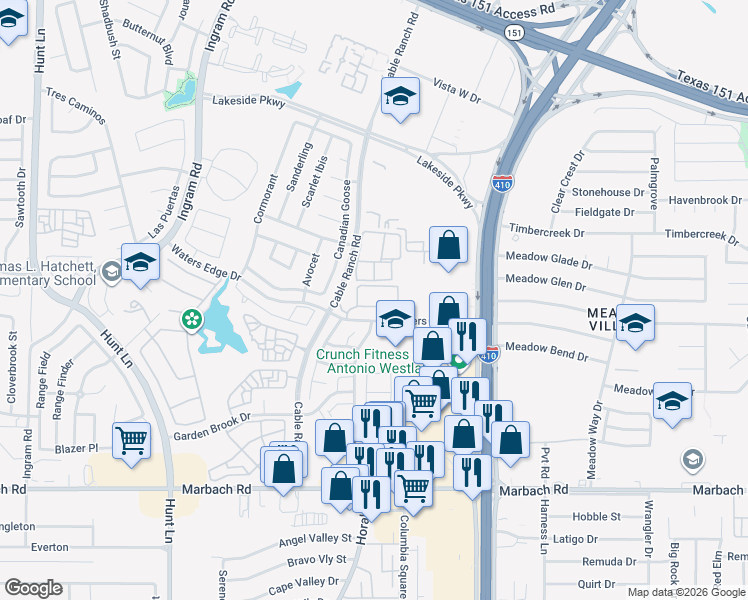 map of restaurants, bars, coffee shops, grocery stores, and more near 1526 Cable Ranch Road in San Antonio