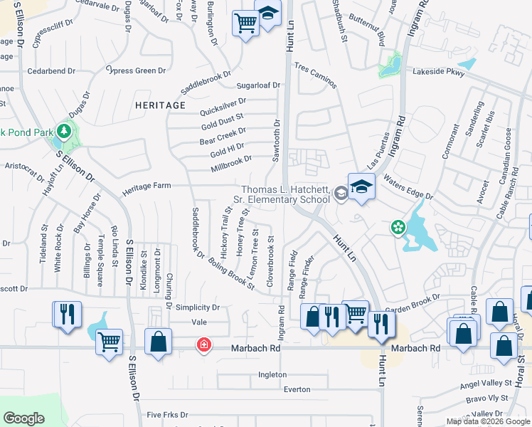 map of restaurants, bars, coffee shops, grocery stores, and more near 778 Sawtooth Drive in San Antonio