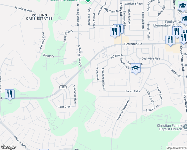 map of restaurants, bars, coffee shops, grocery stores, and more near 13080 Farm to Market 1957 in San Antonio