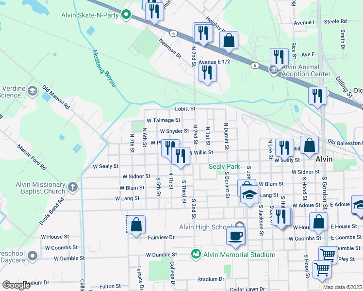 map of restaurants, bars, coffee shops, grocery stores, and more near 1214 West Phillips Street in Alvin