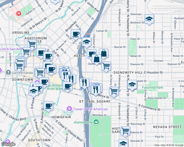 map of restaurants, bars, coffee shops, grocery stores, and more near in San Antonio