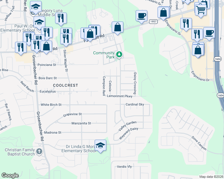 map of restaurants, bars, coffee shops, grocery stores, and more near 735 Celosia in San Antonio