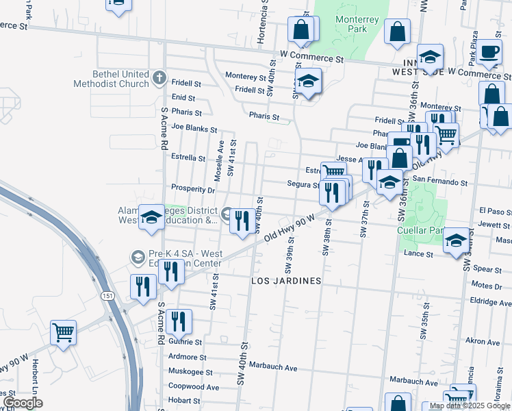 map of restaurants, bars, coffee shops, grocery stores, and more near 251 Prosperity Drive in San Antonio