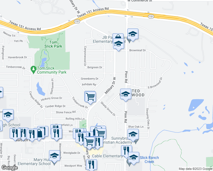 map of restaurants, bars, coffee shops, grocery stores, and more near 7979 West Military Drive in San Antonio