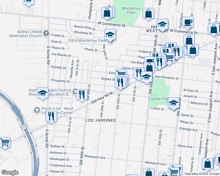 map of restaurants, bars, coffee shops, grocery stores, and more near 131 Prosperity Drive in San Antonio