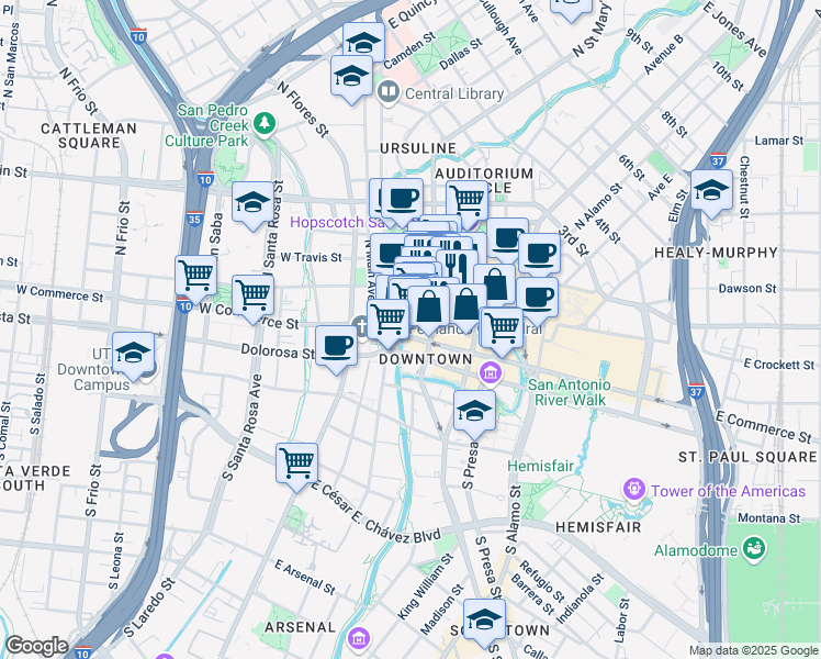 map of restaurants, bars, coffee shops, grocery stores, and more near 207n North Saint Mary's Street in San Antonio