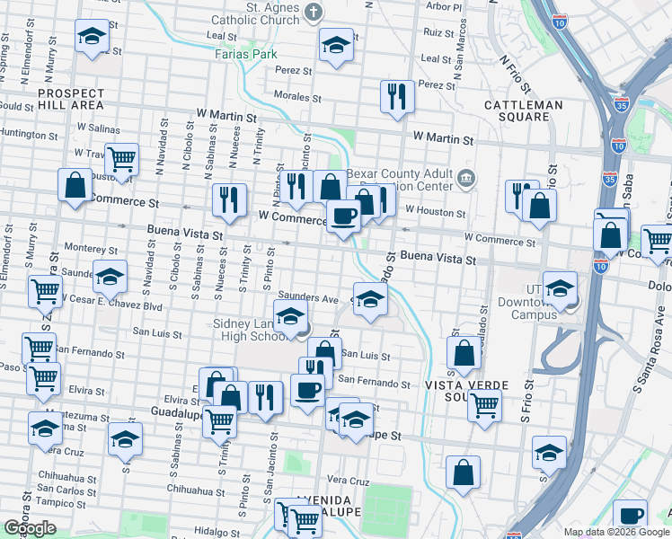 map of restaurants, bars, coffee shops, grocery stores, and more near 1410 Buena Vista Street in San Antonio