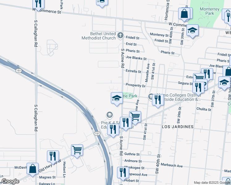 map of restaurants, bars, coffee shops, grocery stores, and more near 535 South Acme Road in San Antonio