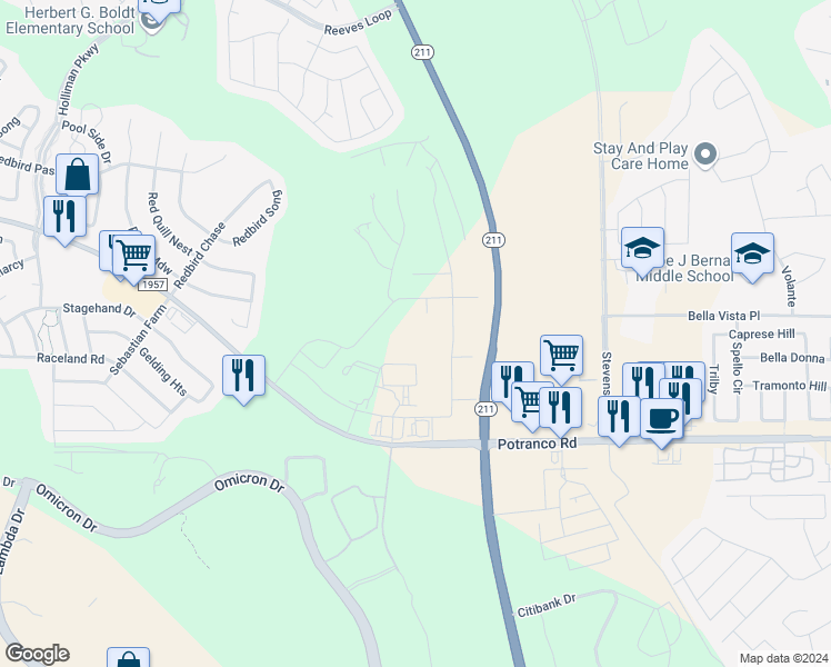 map of restaurants, bars, coffee shops, grocery stores, and more near Potranco Rd in San Antonio