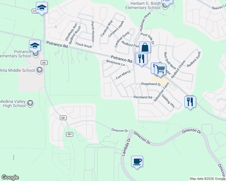 map of restaurants, bars, coffee shops, grocery stores, and more near 707 Decathlon Street in San Antonio