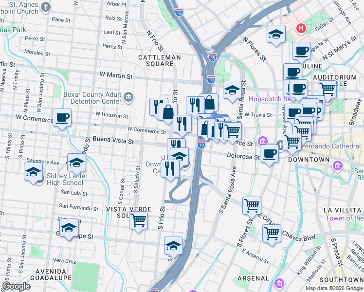 map of restaurants, bars, coffee shops, grocery stores, and more near 100 South Frio Street in San Antonio