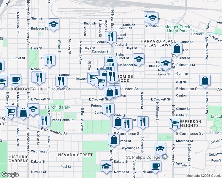 map of restaurants, bars, coffee shops, grocery stores, and more near 2182 East Houston Street in San Antonio