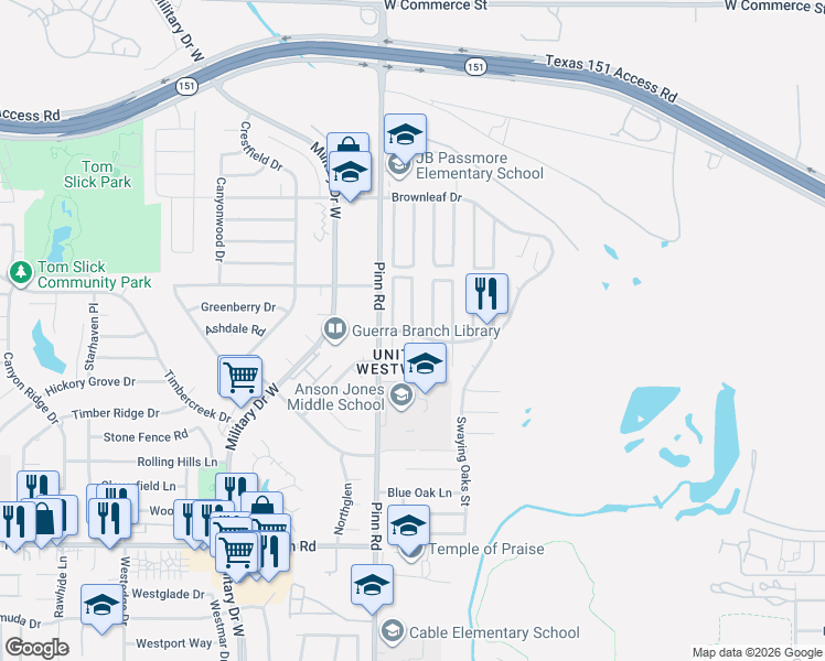 map of restaurants, bars, coffee shops, grocery stores, and more near Spring Park Drive in San Antonio