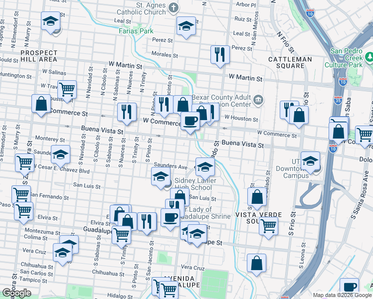 map of restaurants, bars, coffee shops, grocery stores, and more near 1410 Buena Vista Street in San Antonio
