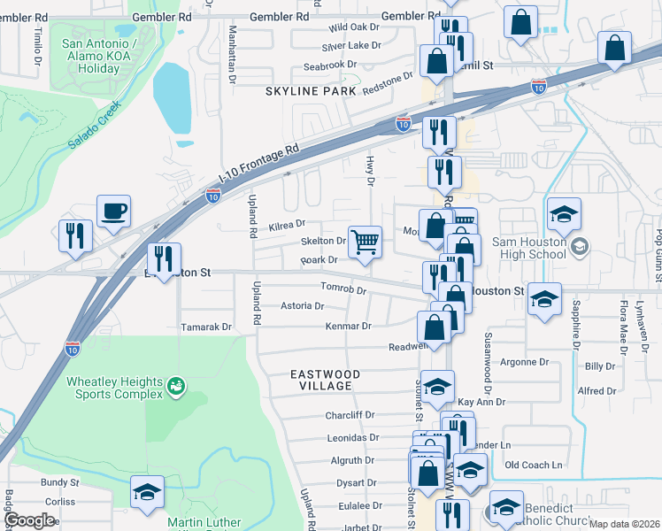map of restaurants, bars, coffee shops, grocery stores, and more near 4259 Roark Drive in San Antonio