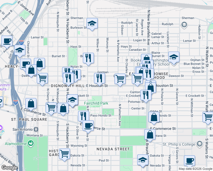 map of restaurants, bars, coffee shops, grocery stores, and more near 1901 East Houston Street in San Antonio