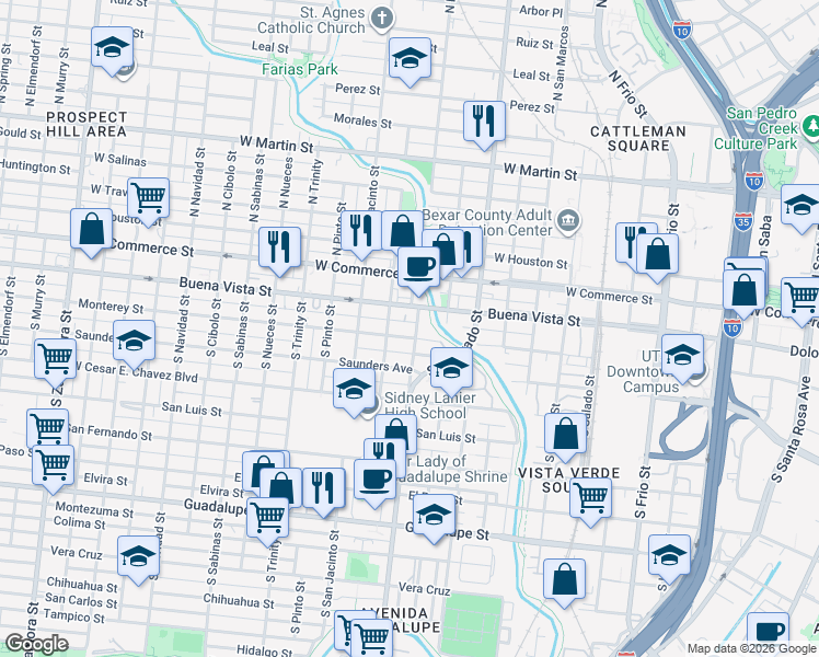 map of restaurants, bars, coffee shops, grocery stores, and more near 1410 Buena Vista Street in San Antonio