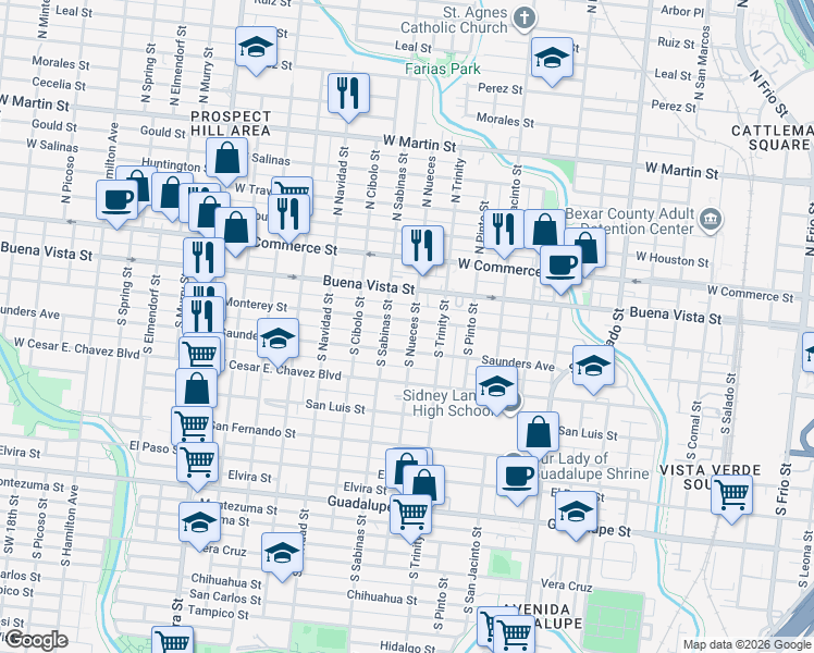 map of restaurants, bars, coffee shops, grocery stores, and more near 1925 Monterey Street in San Antonio