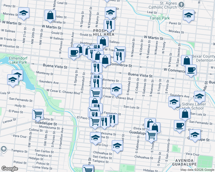 map of restaurants, bars, coffee shops, grocery stores, and more near 2422 Monterey Street in San Antonio