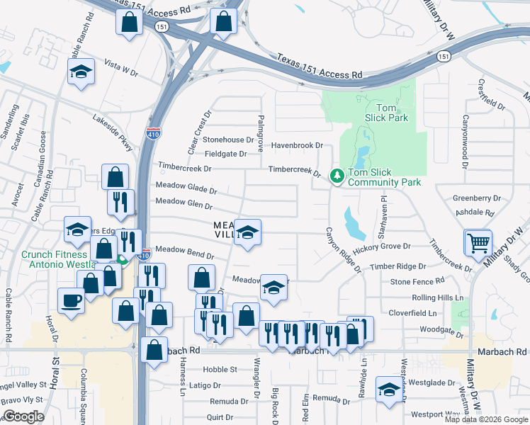 map of restaurants, bars, coffee shops, grocery stores, and more near 122 Meadow Glade Drive in San Antonio