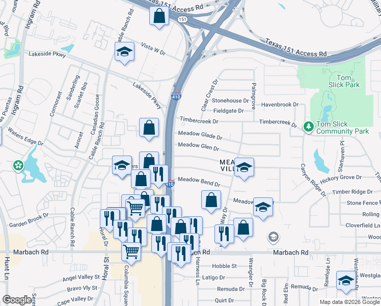 map of restaurants, bars, coffee shops, grocery stores, and more near 262 Meadow Glen Drive in San Antonio