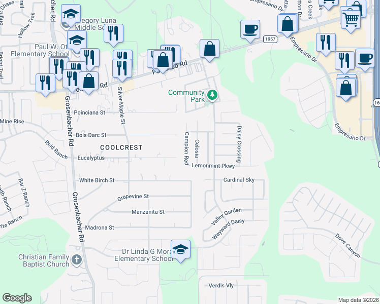 map of restaurants, bars, coffee shops, grocery stores, and more near 735 Celosia in San Antonio