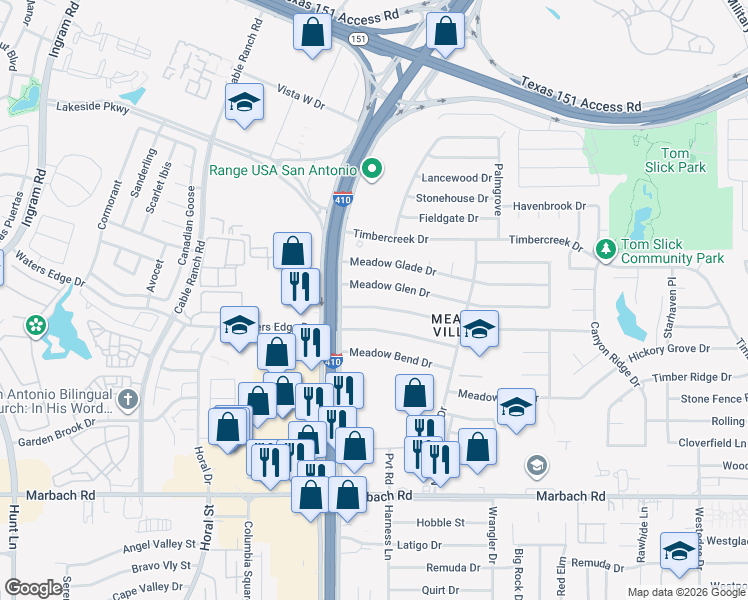 map of restaurants, bars, coffee shops, grocery stores, and more near 262 Meadow Glen Drive in San Antonio