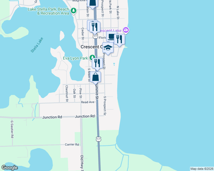 map of restaurants, bars, coffee shops, grocery stores, and more near 301 South Prospect Street in Crescent City
