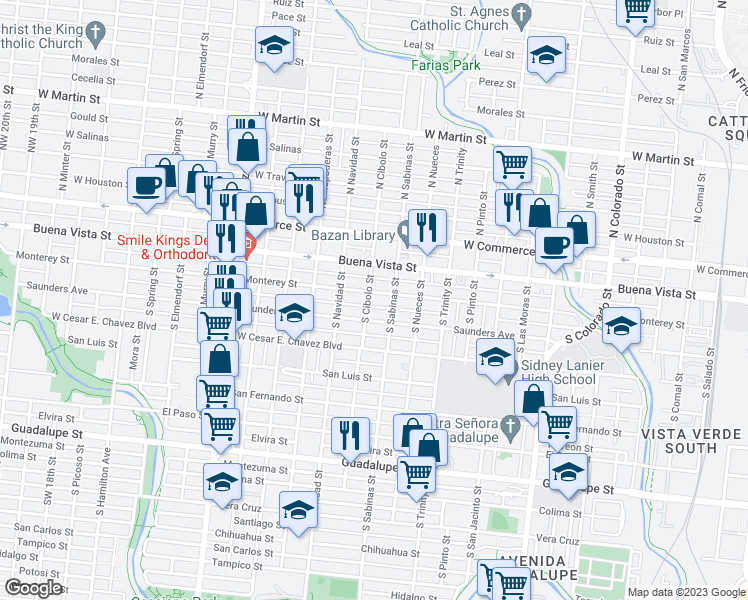 map of restaurants, bars, coffee shops, grocery stores, and more near 2022 Monterey Street in San Antonio