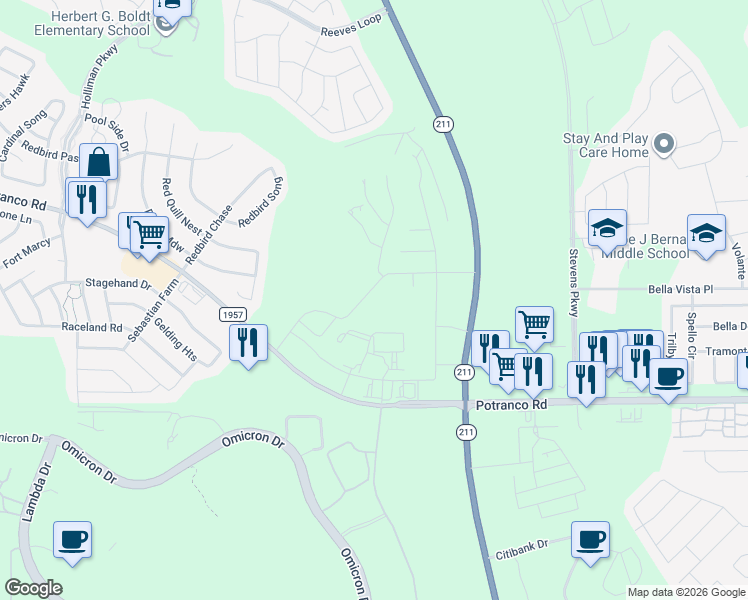 map of restaurants, bars, coffee shops, grocery stores, and more near 14522 Landon Ridge in San Antonio