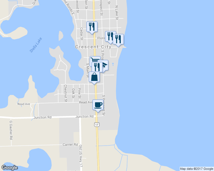 map of restaurants, bars, coffee shops, grocery stores, and more near 301 South Prospect Street in Crescent City