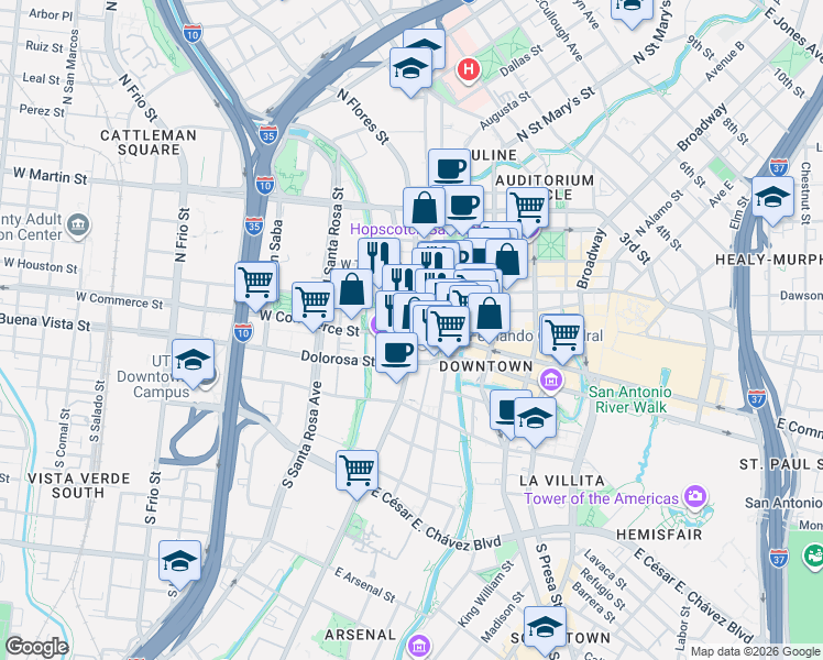 map of restaurants, bars, coffee shops, grocery stores, and more near in San Antonio