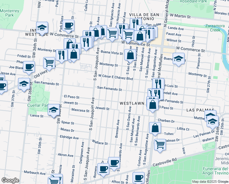 map of restaurants, bars, coffee shops, grocery stores, and more near 501 South San Felipe Avenue in San Antonio