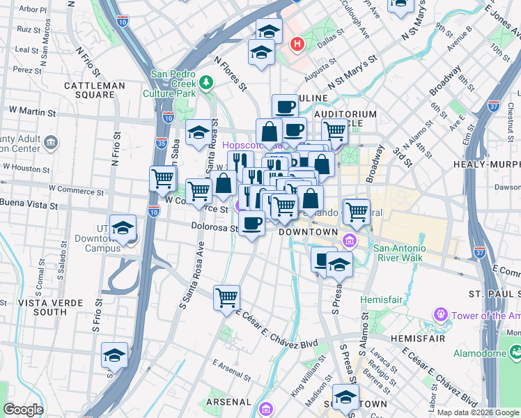 map of restaurants, bars, coffee shops, grocery stores, and more near 5503 Research Drive in San Antonio