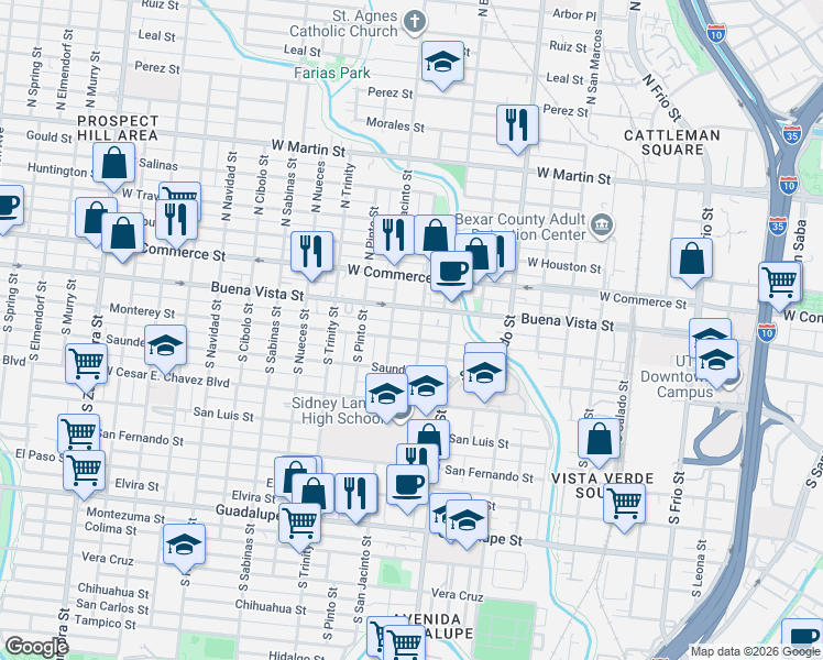 map of restaurants, bars, coffee shops, grocery stores, and more near 1518 Buena Vista Street in San Antonio