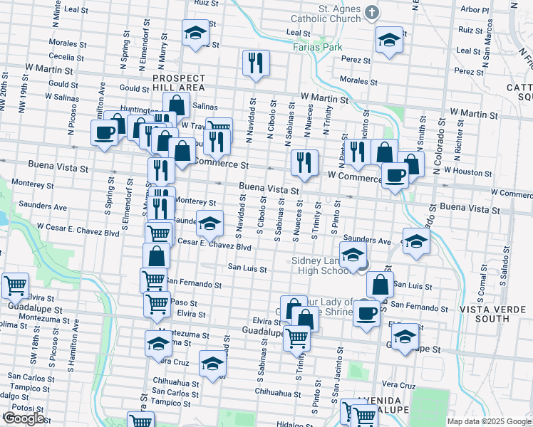 map of restaurants, bars, coffee shops, grocery stores, and more near 2101 Monterey Street in San Antonio