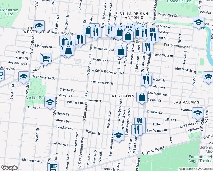 map of restaurants, bars, coffee shops, grocery stores, and more near 501 South San Felipe Avenue in San Antonio