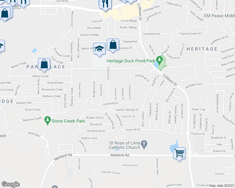 map of restaurants, bars, coffee shops, grocery stores, and more near 1030 Ericson Drive in San Antonio