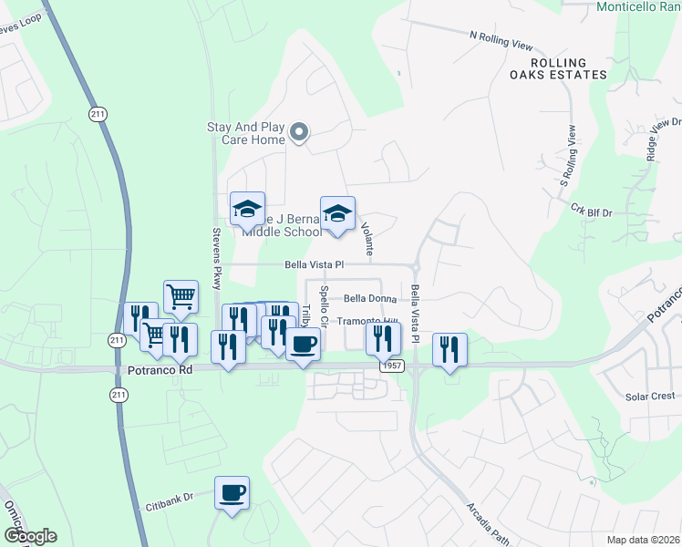 map of restaurants, bars, coffee shops, grocery stores, and more near 14019 Caprese Hill in San Antonio