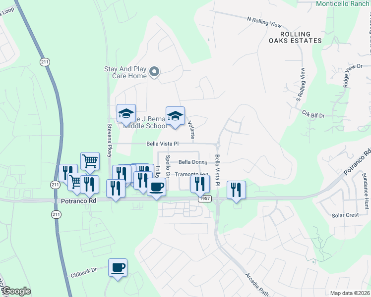 map of restaurants, bars, coffee shops, grocery stores, and more near 14019 Caprese Hill in San Antonio
