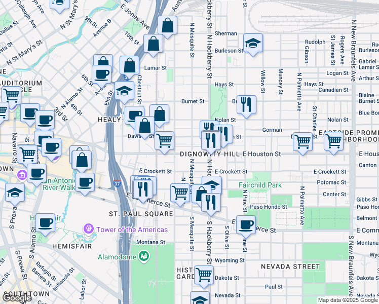 map of restaurants, bars, coffee shops, grocery stores, and more near 1431 E Houston St in San Antonio