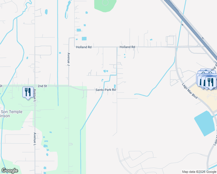 map of restaurants, bars, coffee shops, grocery stores, and more near 14010 Santo Park Road in Dickinson