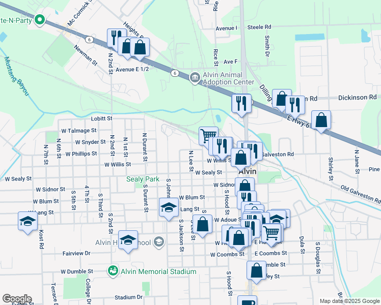map of restaurants, bars, coffee shops, grocery stores, and more near 611 West Phillips Street in Alvin