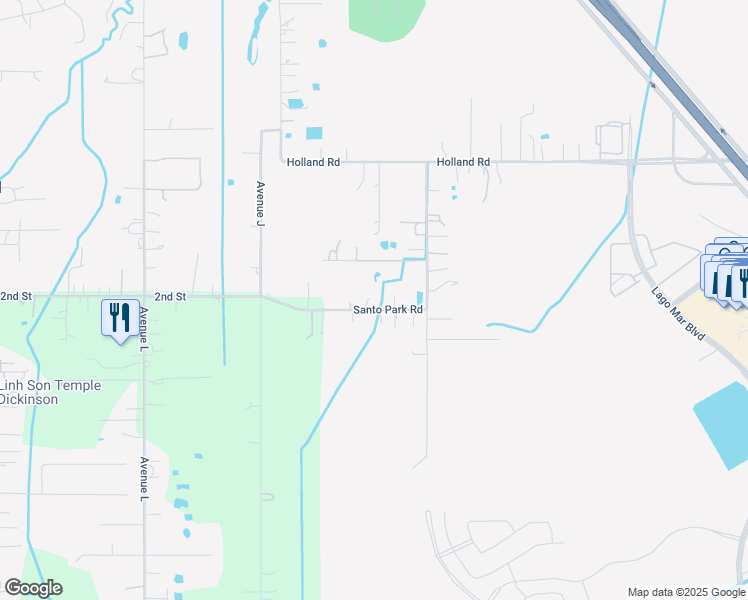 map of restaurants, bars, coffee shops, grocery stores, and more near 14120 Santo Park Road in Dickinson