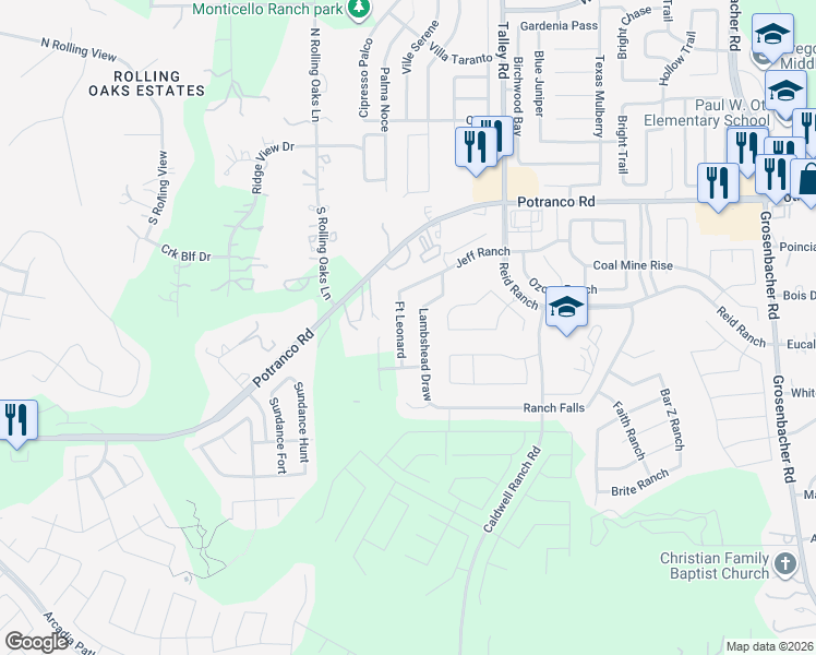 map of restaurants, bars, coffee shops, grocery stores, and more near 826 Lambshead Draw in San Antonio